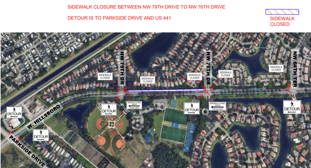 Map of Sidewalk Closure between NW 79th Drive to NW 76th Drive starting Monday Jan 12 2026